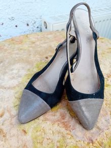 Black and Metallic Slingback Kitten Heels