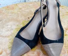Black and Metallic Slingback Kitten Heels