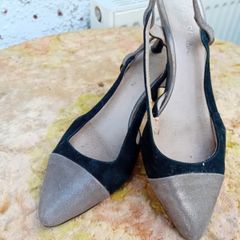 Black and Metallic Slingback Kitten Heels