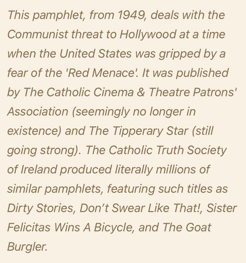 Very Rare Irish Pamphlet Red Stars Over Hollywood highlighting the perceived Communist propogada in the Hollywood movies in the post World War 2 era.