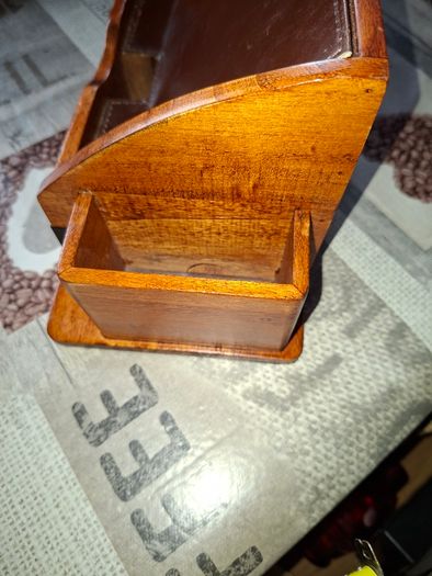 Wooden Desk Organizer features a Leather-Lined Compartment and Side Sections for Pens