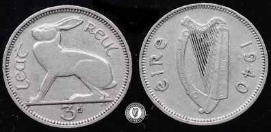 [#65] - Ireland 1940 | Irish 3p | Three Pence | Harp | KM.12