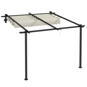 Garden Pavilion 3 x 3m, Retractable Roof, Wall Mounted, Metal Frame, Cream
