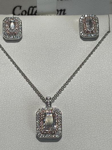 Sterling silver Jewellery set Pendant and earrings White & Pink Cubic Zirconia in Two Tone