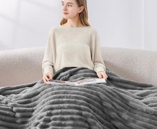 Fluffy Fleece Blanket Cosy Soft Throw, 127x152 cm, Grey  Striped Design, Decorative for Sofa Bed Couch, Warm Gifts for Women and Girls