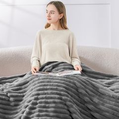 Fluffy Fleece Blanket Cosy Soft Throw, 127x152 cm, Grey  Striped Design, Decorative for Sofa Bed Couch, Warm Gifts for Women and Girls