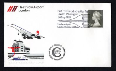1976 Great Britain First commercial scheduled flight of Concorde Flight Cover of 24th May 1976 with tying 20p definitive with further Posted a the Concorde Departure Terminal cancel