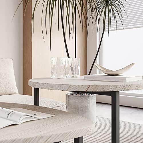 Round Coffee Table Set of 2,Small Coffee Table Living Room Tables,Metal Frame with Wood Side Table,Sofa Tea Table for Small Space/Living Room/Bedroom,Stacking Side Tables,Black + OAK