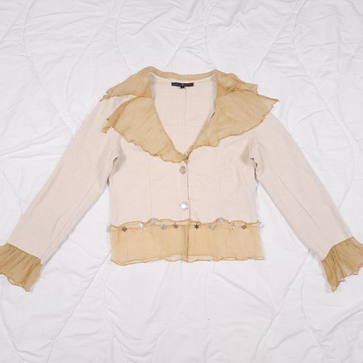 Beauty Angel Beige Neutral Ruffled Chiffon Collar Charm Trim Jacket