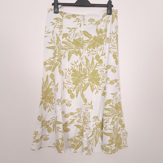 Marks & Spencer White Olive Green Floral Print A-line Midi Skirt 14UK/42EU