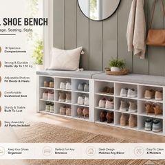 XL Shoe Bench with Cushion Seat White 150 cm