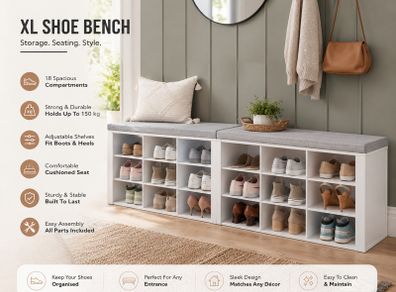 XL Shoe Bench with Cushion Seat White 150 cm
