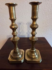 Antique Pair Heavy Brass Jack of Diamonds Candlesticks