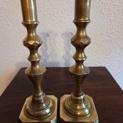 Antique Pair Heavy Brass Jack of Diamonds Candlesticks