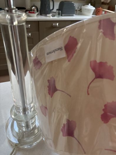 4 pieces- Avoca Mohair Wool Magenta Throw, Jerpoint Pedestal / Footed Bowl, Cut Glass Pillar Lamp with Brand New Sanderson Drum Shade - all are perfect together
