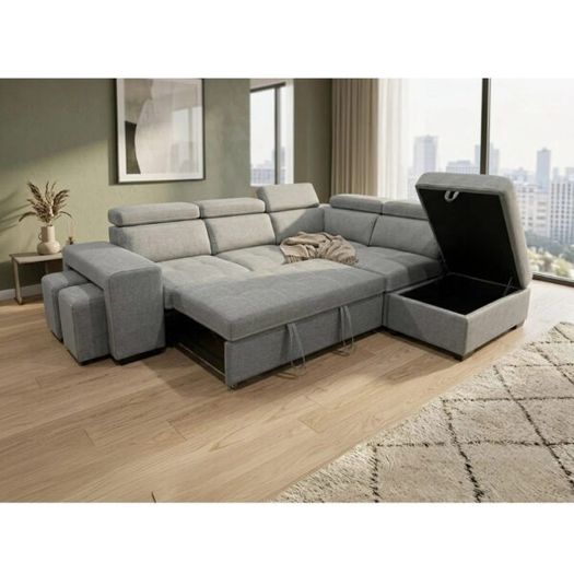 Grey Corner Sofa Bed + Storage + Footstool