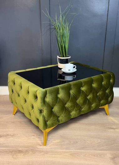 Chester Lux Coffee Table Velvet Rectangle 83x63x45cm with Glass