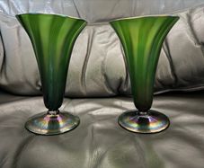 Art Nouveau Pair trumpet vases in green glass art. Approx. 1900