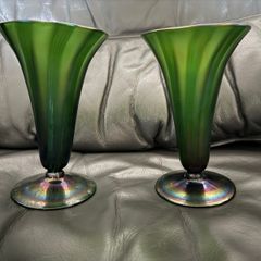 Art Nouveau Pair trumpet vases in green glass art. Approx. 1900