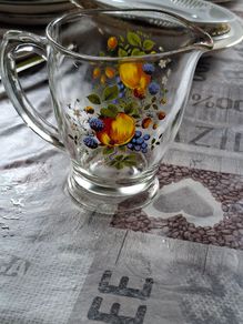 1950s Glass Juice Jug Large Vintage Pitcher with Fruit Floral Pattern no chips or cracks