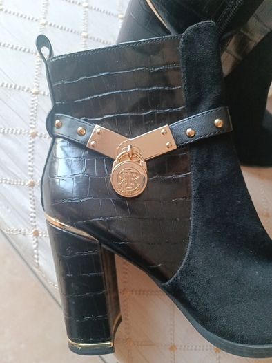 River island black ankle heels boots 6 39 gold steel trim strap padlock alligator print