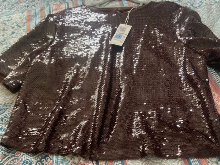 M&S Chocolate Brown Sequin Short Sleeve Top   Size UK 14