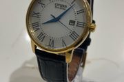 Citizen Men's Eco Drive White Dial Gold Tone Case Black Leather Strap