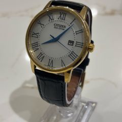 Citizen Men's Eco Drive White Dial Gold Tone Case Black Leather Strap