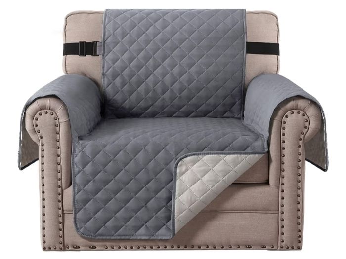 Sofa Cover Reversible Armchair Covers Water Repellent Sofa Slipcover from Pets Couch Covers for Cats Checked Pattern Thick Quilted with Elastic Strap Chair, Grey Beige