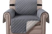 Sofa Cover Reversible Armchair Covers Water Repellent Sofa Slipcover from Pets Couch Covers for Cats Checked Pattern Thick Quilted with Elastic Strap Chair, Grey Beige