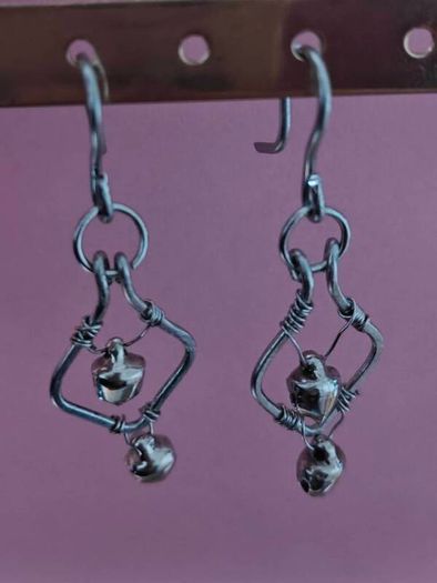 Stainless Steel Earrings with Bells, Handmade Wire Art, Geometric Dangles