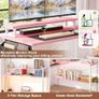L Shaped Gaming Desk with Power Outlets & LED Lights, Small L- Shaped Computer Corner Desk with Monitor Stand & Storage Shelf, Gaming Table with Storage Bag, Pink Image 8