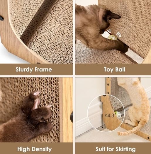 L Shape Vertical Cat Scratcher with Ball Toy, 68cm High, Brown  Stand Up Cardboard Cat Scratcher, Scratching Board for Indoor Cats, Protecting Furniture Scratch Pad