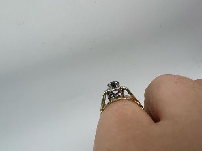 Antique 18ct Gold Diamond and Sapphire Ring Custom Crown Design - 6 Diamond cluster and Large Dark Blue Rare Sapphire - Beautiful Crown Design