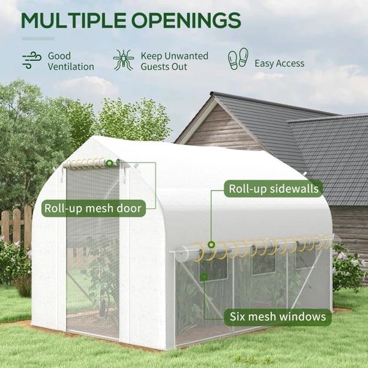 3 x 2(m) Walk-in Polytunnel Greenhouse, Zipped Roll Up Sidewalls, Mesh Door, 6 Mesh Windows, Tunnel Warm House Tent with PE Cover, Complimentary Plant Labels and Gloves, White
