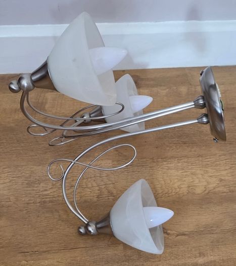 Satin Chrome 3 Arm Semi Flush Ceiling Light-Alabaster Glass Shades