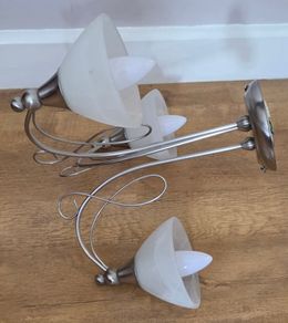 Satin Chrome 3 Arm Semi Flush Ceiling Light-Alabaster Glass Shades