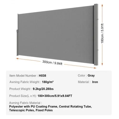 Retractable Side Awning, 71''x 118'' Outdoor Privacy Screen, 180g Polyester Water-proof Retractable Patio Screen, UV 30+ Room Divider