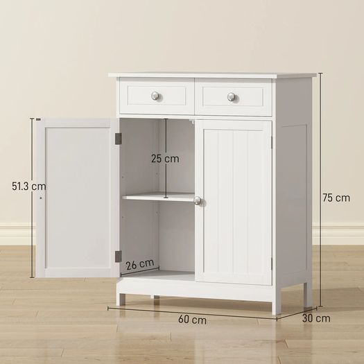 Freestanding Bathroom Storage Cabinet Unit w/ 2 Drawers Cupboard Adjustable Shelf Metal Handles Traditional Style White
