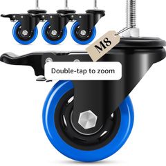 75 mm Castor Wheel, M8 x 1.25 x 25 mm (Shaft Diameter 7.5 mm, Shaft Length 25 mm), Load Capacity 1100LB, Blue Polyurethane Caster Wheel for Furniture, Barbecues, Trolley, Transport,Set of 4