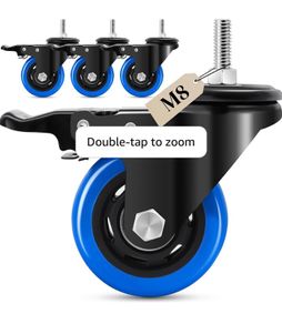 75 mm Castor Wheel, M8 x 1.25 x 25 mm (Shaft Diameter 7.5 mm, Shaft Length 25 mm), Load Capacity 1100LB, Blue Polyurethane Caster Wheel for Furniture, Barbecues, Trolley, Transport,Set of 4