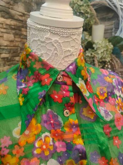 vintage 60s green floral sheer blouse