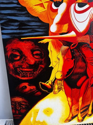 Signed Canvas Painting Striking Red and Gold Don Quixote Artwork 61.5 x 50cm