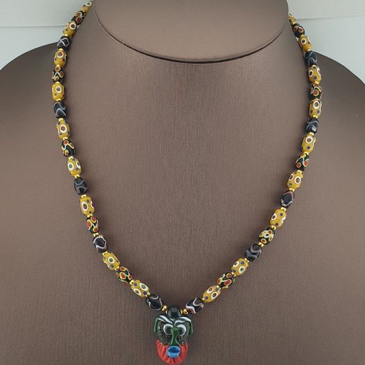 Vintage Venetian style Eyes Glass & Old Face Pendant Glass Beads Necklace