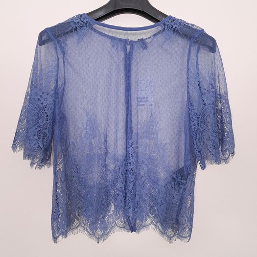 H&M Blue Sheer Floral Lace Boxy Blouse Top 8UK/36EU