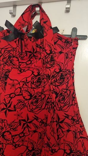 Red Rockabilly Tattoo Print Dress with Tulle Hem