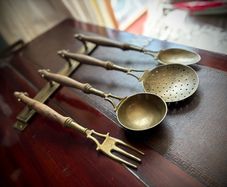 French vintage solid brass and wooden kitchen utensils