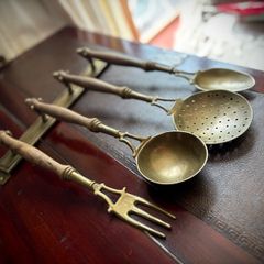 French vintage solid brass and wooden kitchen utensils
