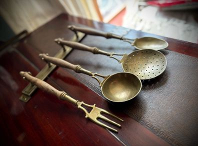French vintage solid brass and wooden kitchen utensils