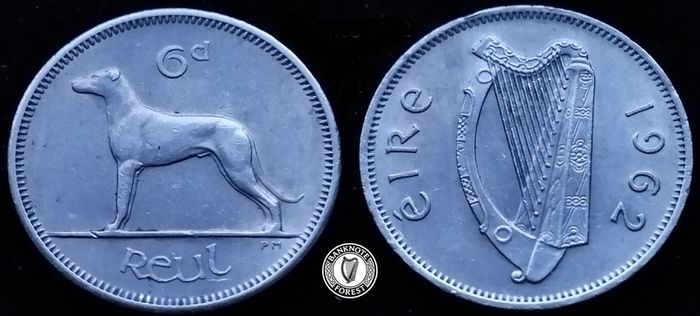 [#2436] - Ireland 1962 | Irish 6p | 6 Pence | Wolfhound | KM.13a